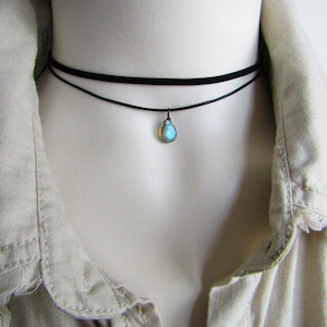 Dainty Blue Labradorite Choker, Black Layered Choker Necklace, Teardrop Faceted Labradorite, Black Faux Suede Cord Necklace