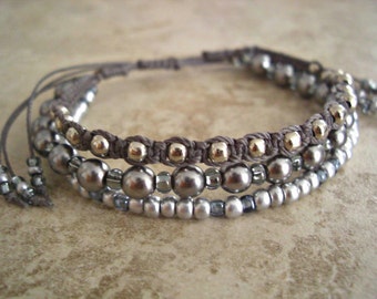 Shamballa Style 3 Layered Bracelet - Czech Dark Grey Pearl,Silver, Black Diamond, Dark Grey Beads, Metal Beads,  Slip Knot Bracelet