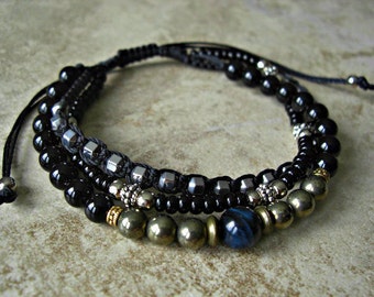 3 Layering Cord Bracelet, Blue Tiger Eye, Pyrite, Black Onyx,Black & Silver Beads, Slip Knot Bracelet, Mens Jewelry, Gift for him