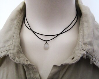Dainty Moonstone Choker: Black Cord Double Layer Necklace, Milky White Gemstone Pendant