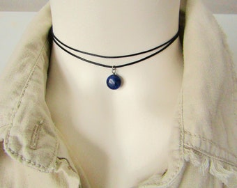 Dainty Lapis Choker Necklace, Blue Lapis Cord Necklace, Lapis Lazuli Coin Necklace, Black Cord Double Layered Necklace, Lapis Jewelry