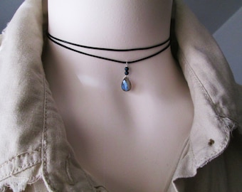 Dainty Faceted Labradorite Choker, Blue Flash Labradorite Pendant, Swarovski Petrol Pearl Accents, Black Cord Layering Necklace
