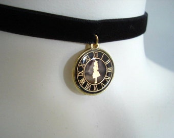 Alice in Wonderland Black Velvet Ribbon Choker, Alice in Wonderland Black Clock Choker,Alice in Wonderland Jewelry, Gift for her