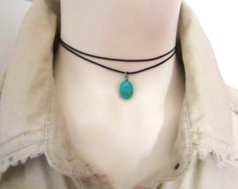 Howlite Turquoise Choker Necklace, Black Cord Double Layered Necklace, Dainty Teal Stone Necklace, Blue-green stone pendant, Boho jewelry