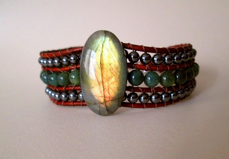 Moss AgateHematite bracelet Mens Brown Leather Beaded Gemstone Cuff Bracelet jewelry for men Labradorite jewelry