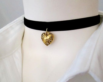 Puffed Cut-Out Heart Choker, Gold plated Heart Choker, Black Velvet /Black Leather Choker, Gift for her