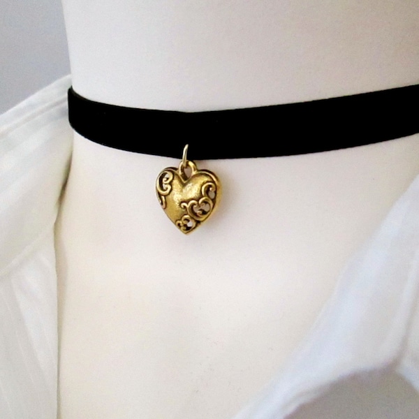 Puffed Cut-Out Heart Choker, Gold plated Heart Choker, Black Velvet /Black Leather Choker, Gift for her