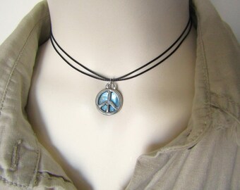Peace Sign Choker: Light Blue Shell Coin, Fully Adjustable Cord or Black Leather Cord