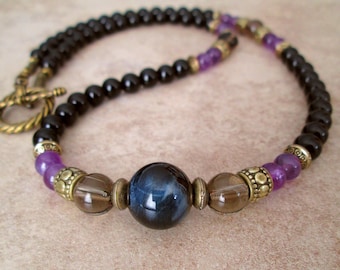 Blue Tiger Eye, Smoky Quartz, Amethyst, Black Onyx, Gemstone Necklace, Mens Beaded Necklace, Mens Jewelry, Gift for him