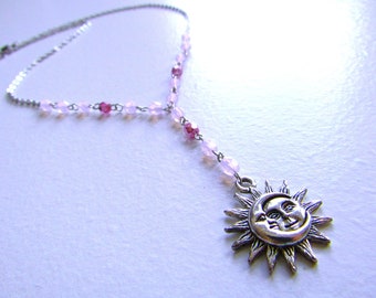 Pink Opal Glass Beaded Y Necklace with Antique Silver Sun and Moon Charm, Celestial Metallic Pink Beads Necklace, Love Sun Moon Necklace