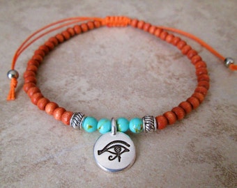 Eye of Horus Charm Bracelet, Wood Beaded Bracelet, Eye of Ra Bracelet, Egyptian Ra Bracelet