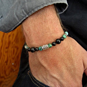 Black Onyx, African Turquoise, Silver Accents Men's Beaded Bracelet, Gemstone Bracelet, Adjustable Beaded Bracelet image 1