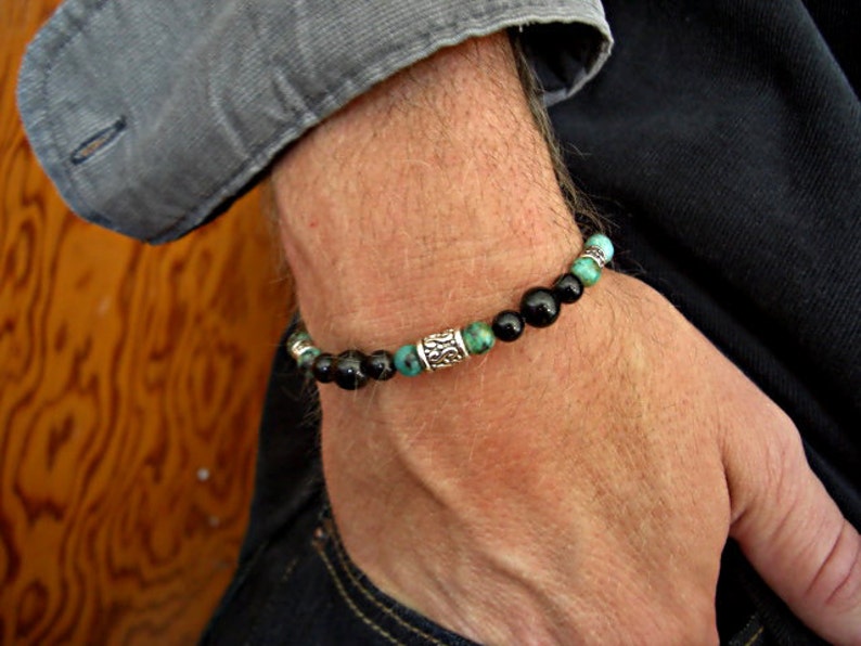 Black Onyx, African Turquoise, Silver Accents Men's Beaded Bracelet, Gemstone Bracelet, Adjustable Beaded Bracelet image 1