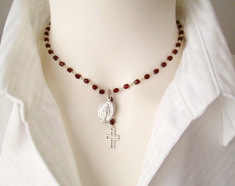 Faceted Garnet Glass Beaded Necklace, Virgin Mary Miraculous Medal with Silver Hollow Cut-out Cross, Religious Necklace, Gift for her