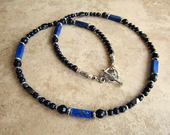 Mens Lapis Lazuli Beaded Necklace: Blue Sandstone & Hematite