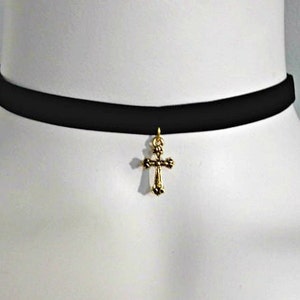 Antique Gold Dainty Cross Choker, Black Velvet /Black Leather Choker, Gift for her