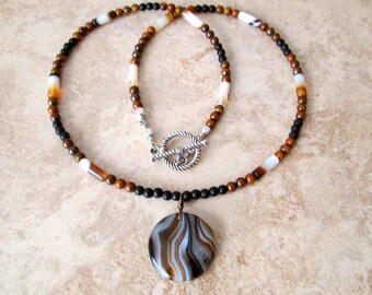 Banded Agate Pendant, Slim Beaded Necklace, Black and White Striation Agate, Brown ,Brown and White Beaded Neclace, Gift for him