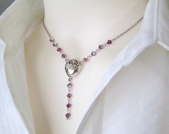 Crystal Glass Lilac Beaded Necklace, Rosary Style Necklace, Rosary Crucifix Necklace, Sacred Heart Rosary Necklace