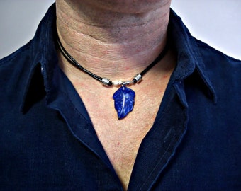 Lapis Lazuli Leaf Pendant, Black Leather Double Strand Necklace, Men's Leather Necklace, Silver Accents, Gift for him