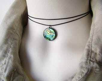 Abalone Choker Necklace, Coin Shaped Iridescent Shell Pendant, Black/Brown Cord Double Layered Choker