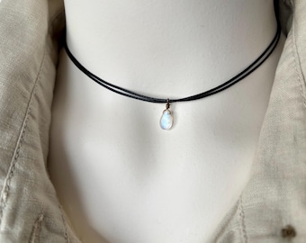 Dainty Rainbow Moonstone Choker, Black Double Strand Cord Necklace, Moonstone Jewelry