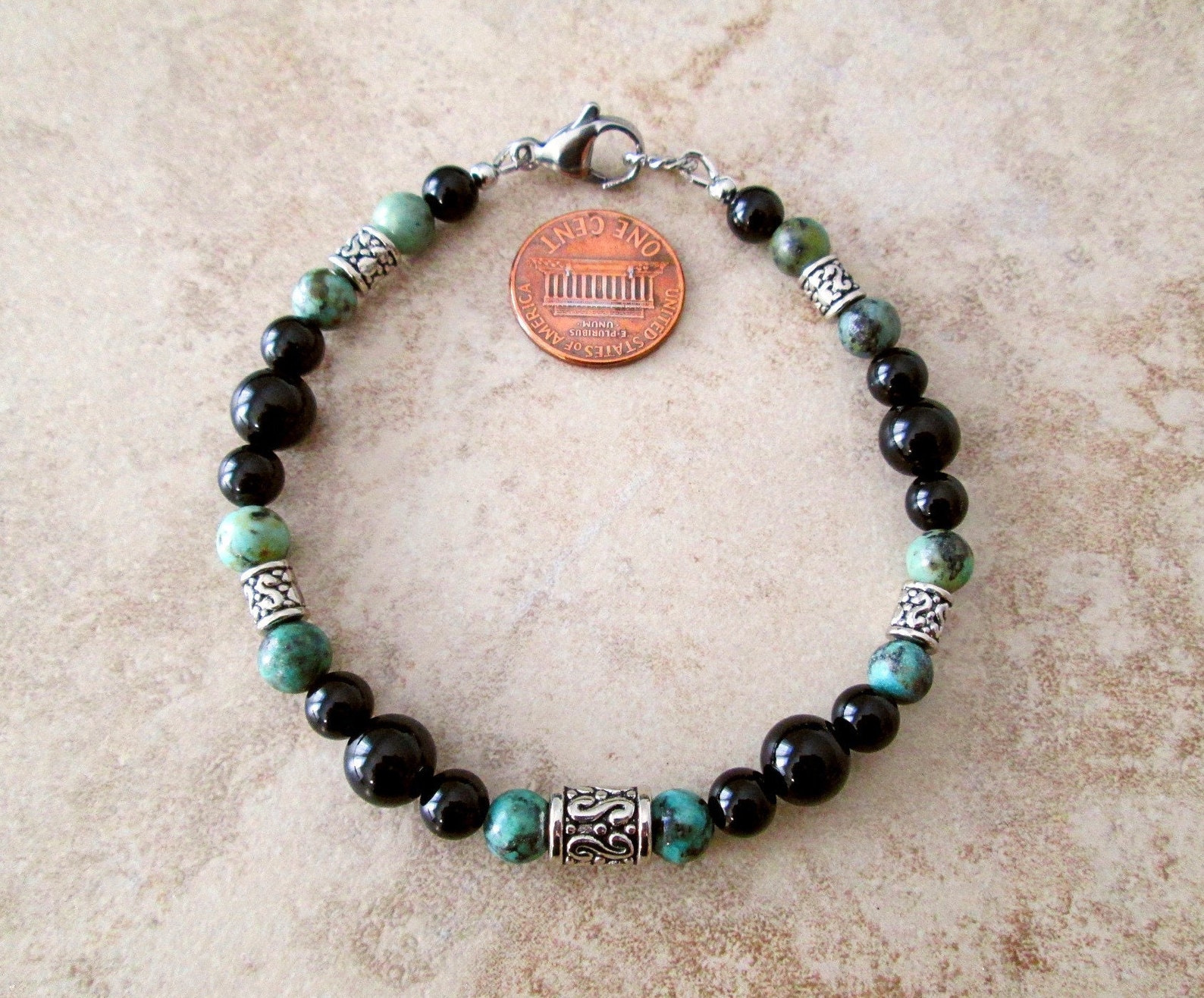 Black Onyx African Turquoise Silver Accents Mens Beaded Etsy