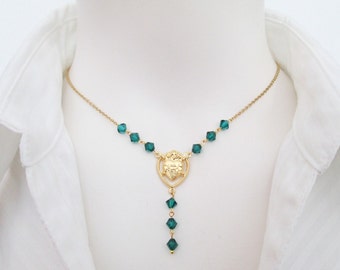 Gold Rosary Crucifix Necklace, Crystal Glass Emerald Beaded Necklace, Rosary Style Y Necklace, Sacred Heart Rosary Necklace