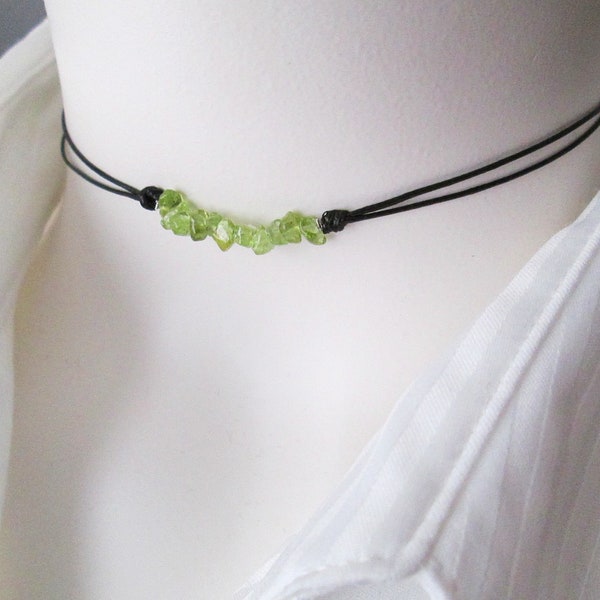 Peridot Cord Choker, Double Strand Cord Choker,  Peridot/ Lapis Lazuli/ Turquoise/ Amethyst Chips Necklace, Black Layered Cord Necklace