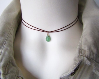 Dainty Green Aventurine Teardrop Choker: Adjustable Cord Necklace