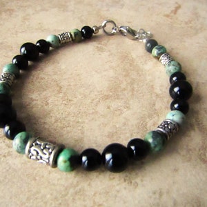 Black Onyx, African Turquoise, Silver Accents Men's Beaded Bracelet, Gemstone Bracelet, Adjustable Beaded Bracelet image 3