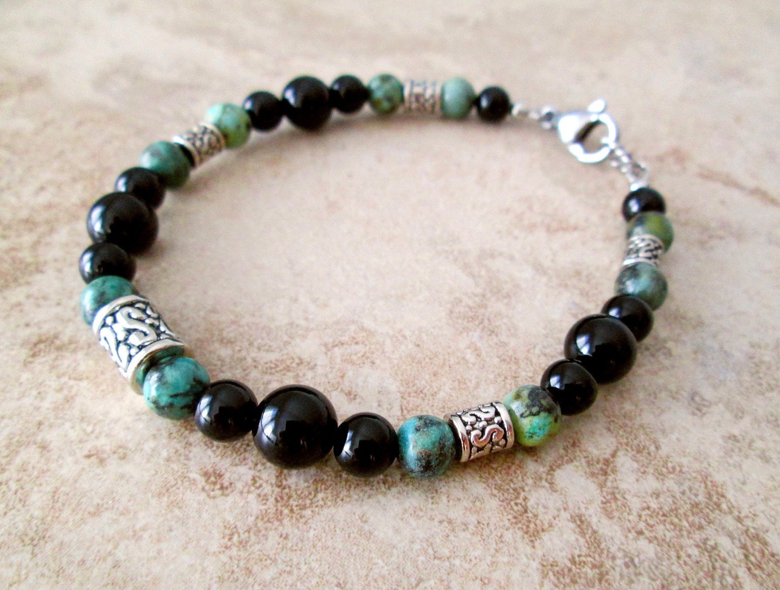 Black Onyx African Turquoise Silver Accents Mens Beaded - Etsy