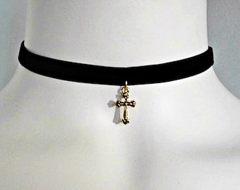 Antique Gold Dainty Cross Choker, Black Velvet /Black Leather Choker,