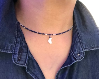 Dainty Crescent Moon Beaded Choker, Natural Shell Moon Pendant, Midnight Blue, Silver Seed Beads, Night Sky Necklace, Celestial Accessory