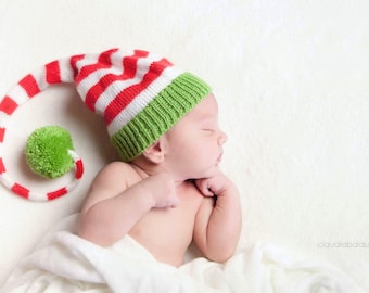 Baby Christmas hat - Santa hat kids - Newborn Christmas knitted hat - Red white green stripes - Photo prop - Kids Christmas