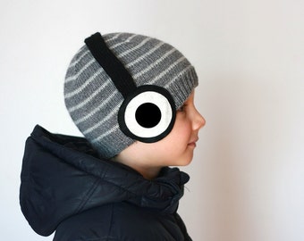 Headphones knitted hat for kids or adults with the stripes in dark grey and light grey color, in wool alpaca blend