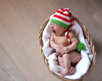 Christmas hat - Santa baby hat - Newborn baby Christmas knitted hat - Red white green stripes - Photo prop - Stocking cap
