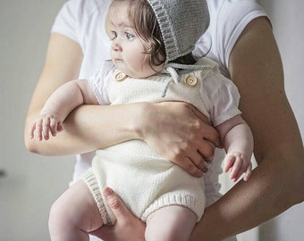 Baby knit romper in soft alpaca blend yarn, available in many colors