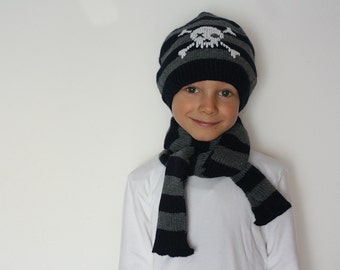 Baby Pirate hat with coordinated scarf -Jolly Roger hat - Knit baby hat and scarf - toddler pirate hat - baby boy hat