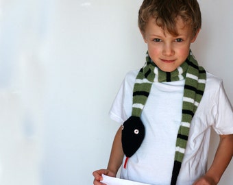 Snake knitted animal scarf for kids and adults, in military green, black and white, knitted in the wool alpaca blend