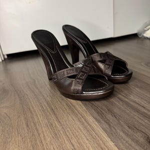 Fendi pristine 38 (7.5) logo heeled mules in chocolate brown