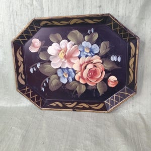 Small 8.5" toleware floral tray / vintage hand painted black tole metal tray