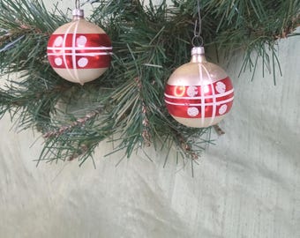 Two glass Christmas tree ornaments / vintage Belgium matching smaller ornament pair, dot design