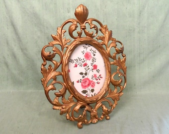 Ornate standing oval metal picture frame / vintage empty Art Nouveau / Regency, tabletop