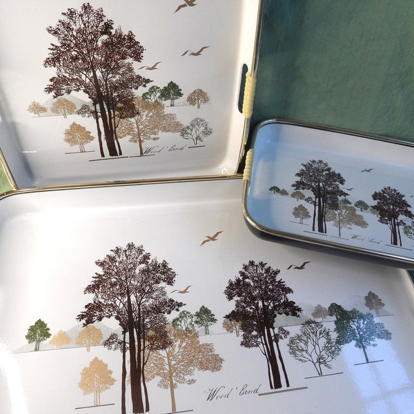 Lacquerware nesting tray set w Woodland tree images / set of three in beige and brown, Japan