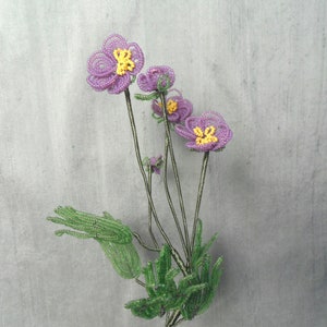 Purple beaded flower stem / tall seed bead glass flower in lilac and yellow