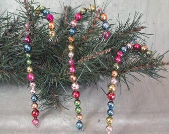 3 tall 'mercury' glass bead candy canes / 6" colorful vintage antique garland ornament