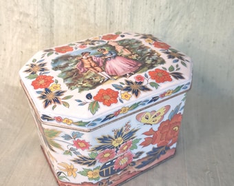 Floral confection tin / vintage, romantic, butterfly / Daher England hinged lid canister for Priester's Pecan Logs