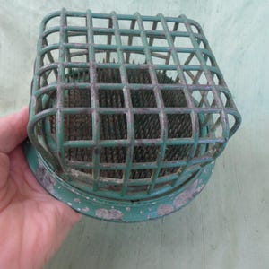 Large green metal spike cage flower frog / distressed vintage 5.5 inch floral holder / needle frog