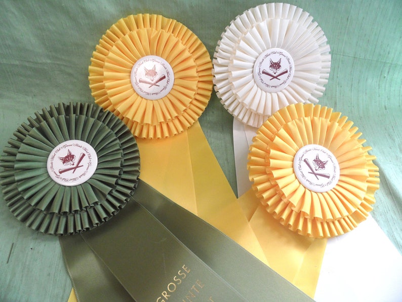 collage Four large horse prize ribbons 6 inch double rosette yellow white green assemblage collar dressage