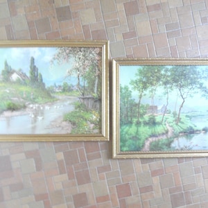 Picture pair / vintage outdoor scenes w gold tone frames / frame set
